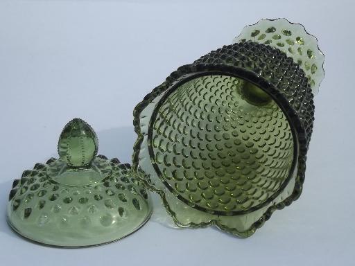 photo of vintage bottle green hobnail glass apothecary jar, covered candy canister #3