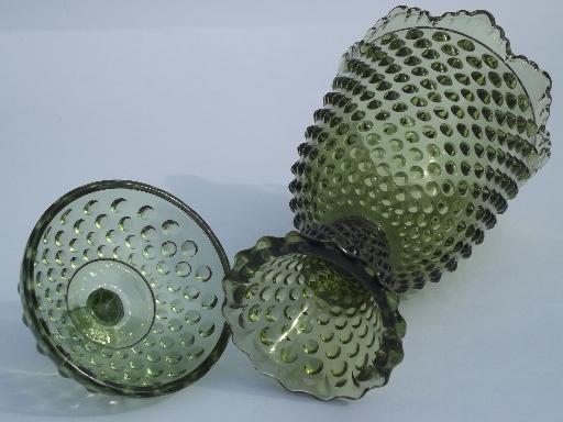 photo of vintage bottle green hobnail glass apothecary jar, covered candy canister #4