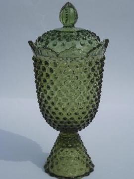 catalog photo of vintage bottle green hobnail glass apothecary jar, covered candy canister