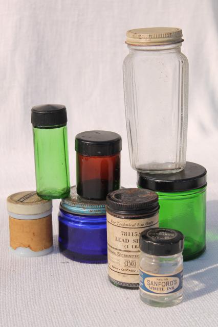 photo of vintage bottles & jars - blue, green, amber, milk glass old medicine bottle lot #1