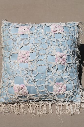 photo of vintage boudoir cushion or throw pillow w/ crochet lace flowers in cotton thread #2