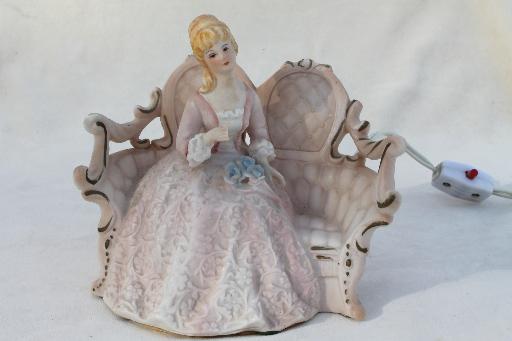 photo of vintage boudoir lamp, china figurine of a beautiful lady on french rococo sofa #1