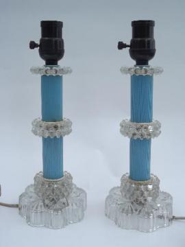 catalog photo of vintage boudoir lamps pair, pressed glass and plastic or bakelite