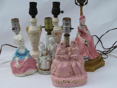 photo of vintage boudoir nightstand reading lamps w/ china figures, shabby cottage chic #1