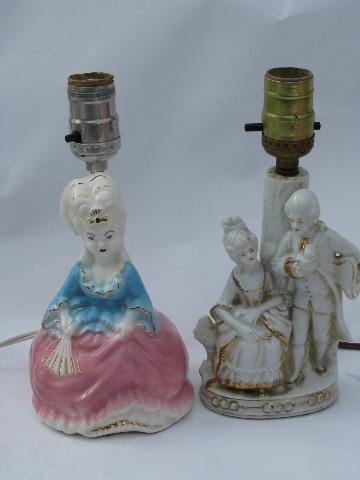 photo of vintage boudoir nightstand reading lamps w/ china figures, shabby cottage chic #4