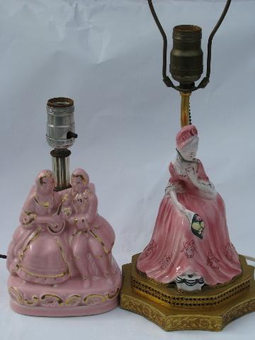 photo of vintage boudoir nightstand reading lamps w/ china figures, shabby cottage chic #6