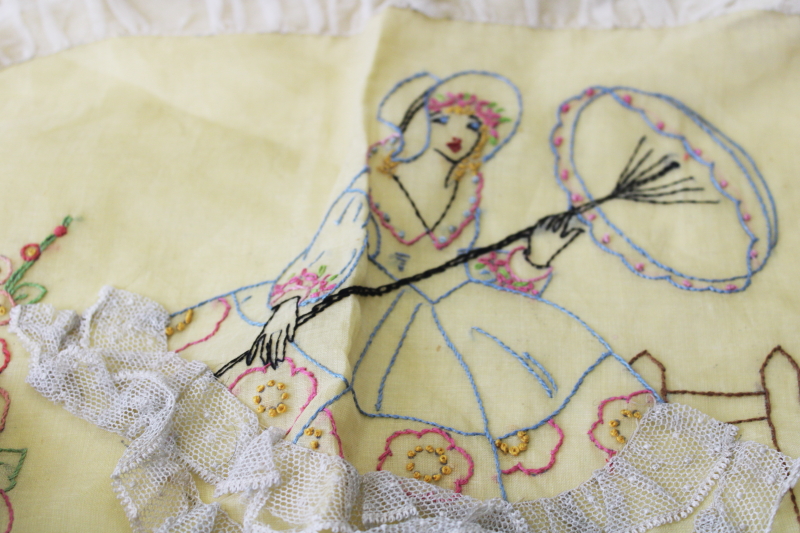 photo of vintage boudoir pillow covers w/ hand stitched embroidery, sheer cotton organdy w/ ruffles #2