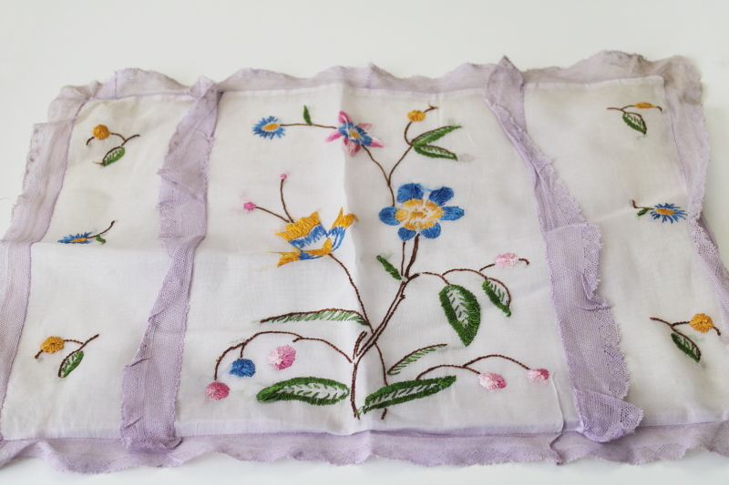 photo of vintage boudoir pillow covers w/ hand stitched embroidery, sheer cotton organdy w/ ruffles #5