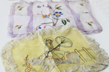 catalog photo of vintage boudoir pillow covers w/ hand stitched embroidery, sheer cotton organdy w/ ruffles