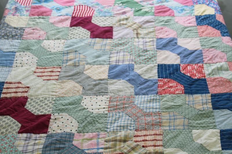 photo of vintage bow tie patchwork quilt reversible to blue flowered feedsack fabric #12