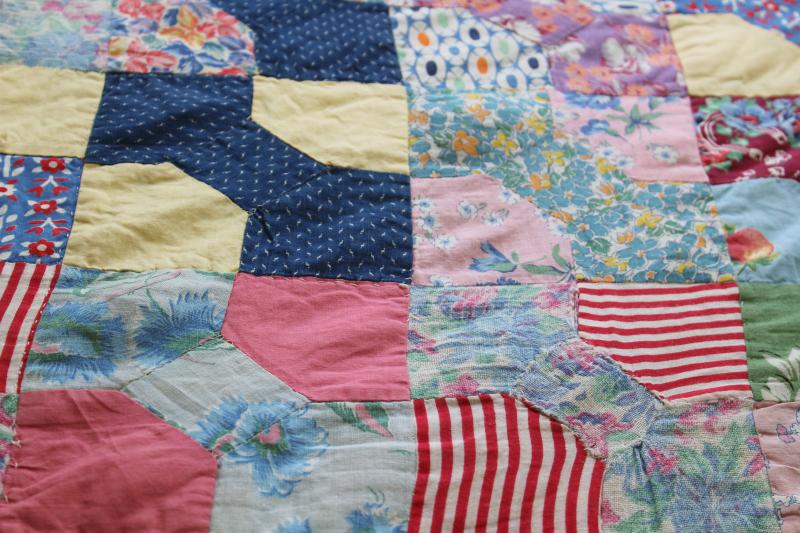 photo of vintage bow tie patchwork quilt reversible to blue flowered feedsack fabric #13