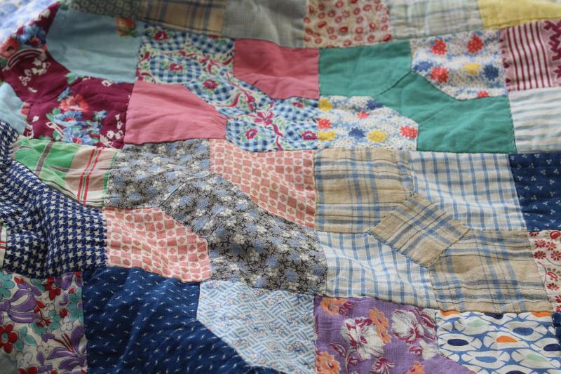 photo of vintage bow tie patchwork quilt reversible to blue flowered feedsack fabric #17