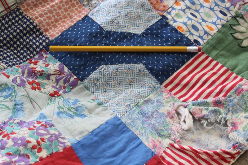 photo of vintage bow tie patchwork quilt reversible to blue flowered feedsack fabric #18