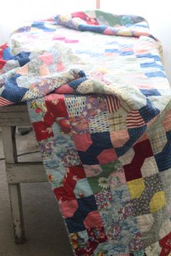 catalog photo of vintage bow tie patchwork quilt reversible to blue flowered feedsack fabric