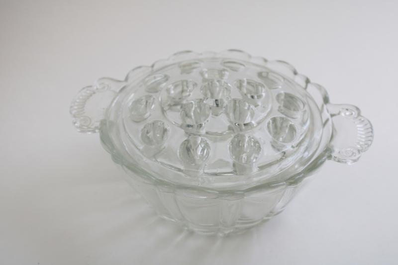 photo of vintage bowl vase w/ removable frog flower holder, clear pressed glass #2