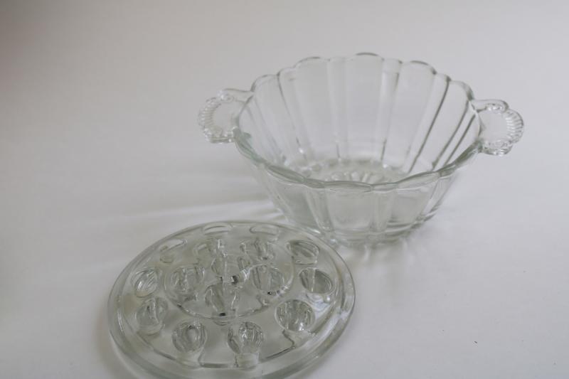 photo of vintage bowl vase w/ removable frog flower holder, clear pressed glass #4