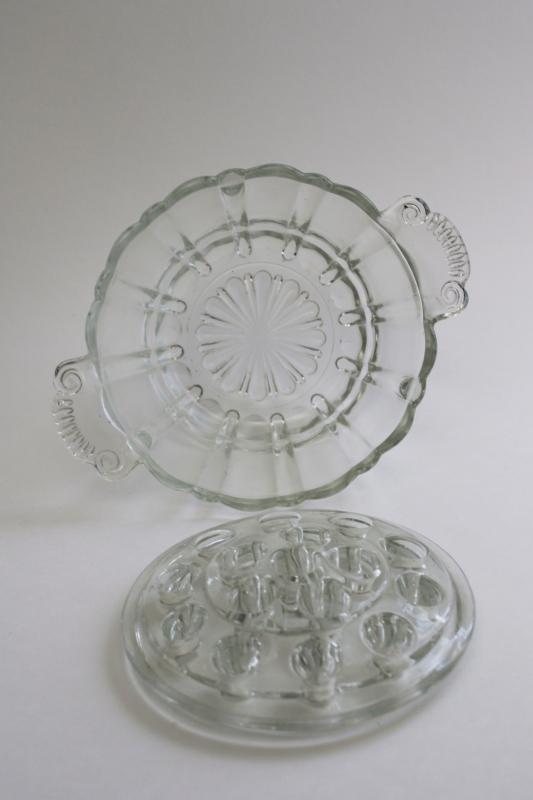 photo of vintage bowl vase w/ removable frog flower holder, clear pressed glass #6