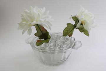 catalog photo of vintage bowl vase w/ removable frog flower holder, clear pressed glass