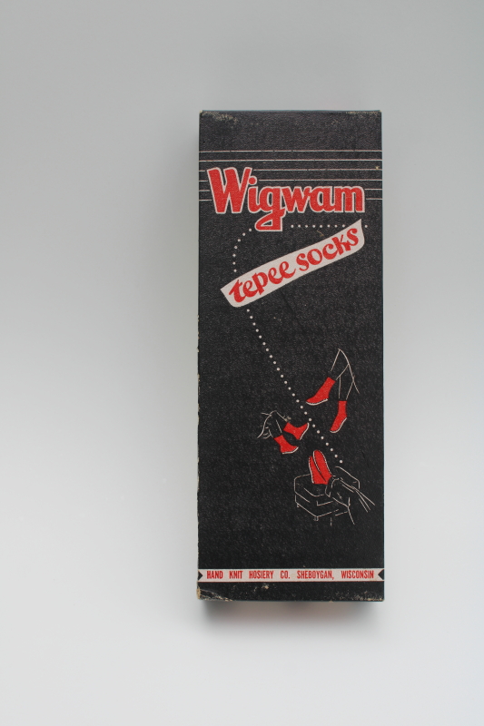 photo of vintage box w/ great mid century graphics Wigwam tepee socks, mukluk style slipper socks #1