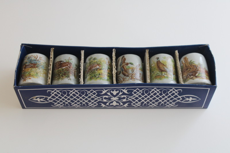 photo of vintage box set Germany mini steins stoneware shot glasses w/ woodland animals  #1