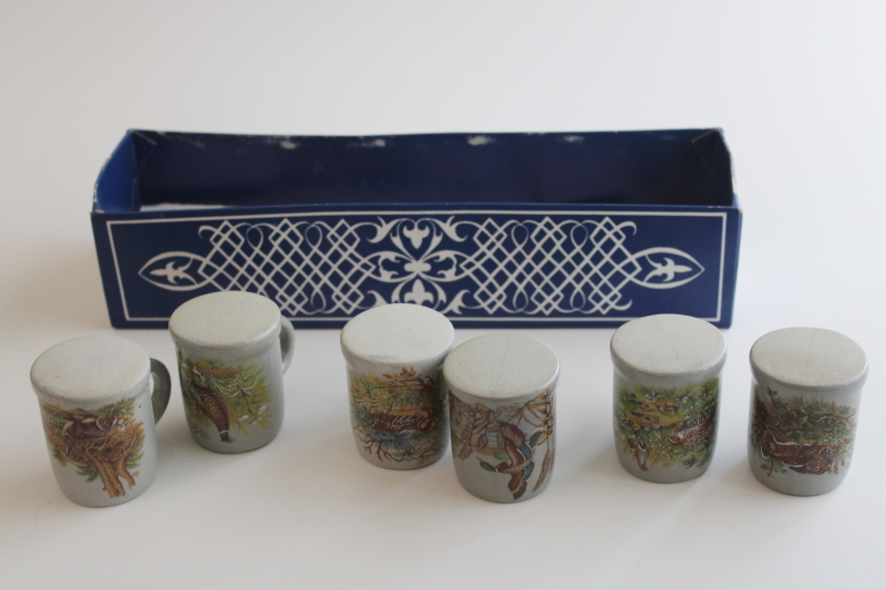 photo of vintage box set Germany mini steins stoneware shot glasses w/ woodland animals  #2