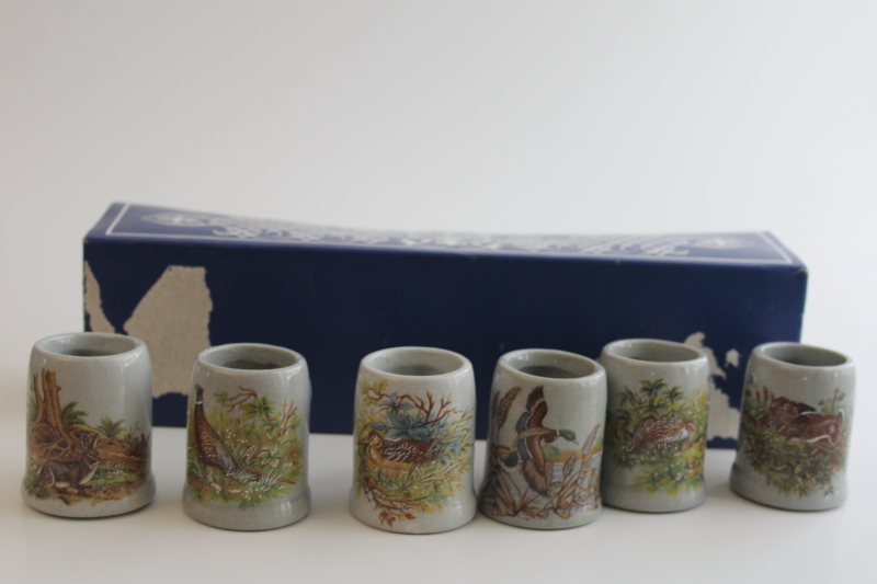 photo of vintage box set Germany mini steins stoneware shot glasses w/ woodland animals  #5