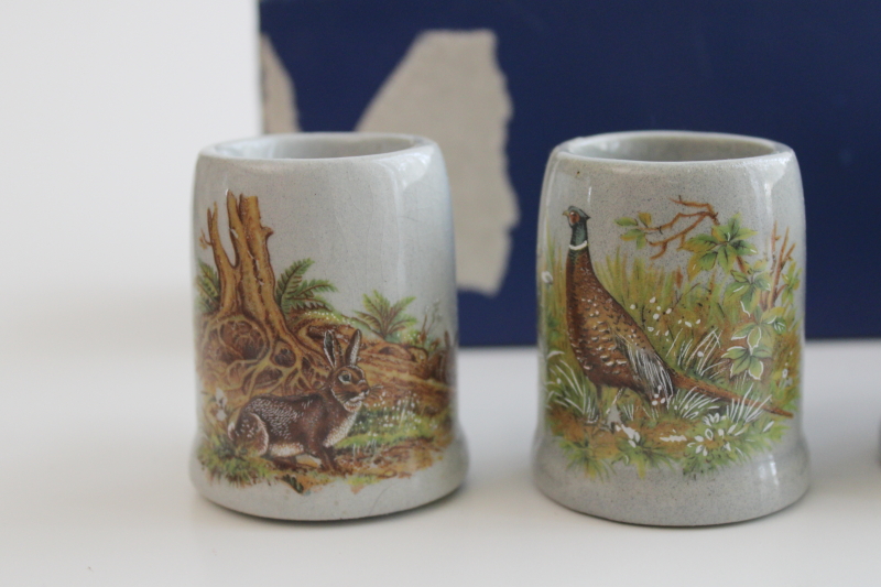 photo of vintage box set Germany mini steins stoneware shot glasses w/ woodland animals  #6