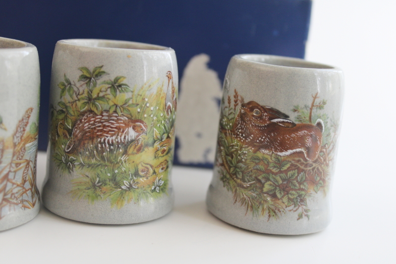 photo of vintage box set Germany mini steins stoneware shot glasses w/ woodland animals  #8