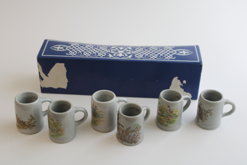 photo of vintage box set Germany mini steins stoneware shot glasses w/ woodland animals  #9