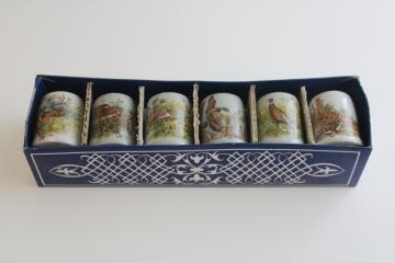 catalog photo of vintage box set Germany mini steins stoneware shot glasses w/ woodland animals 