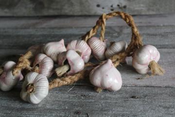 catalog photo of vintage braid of ceramic garlic bulbs, french country kitchen decor or anti vampire Halloween!