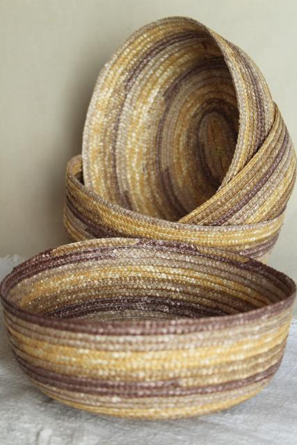 photo of vintage braided straw basket bowls, rustic natural textural neutral colors #1