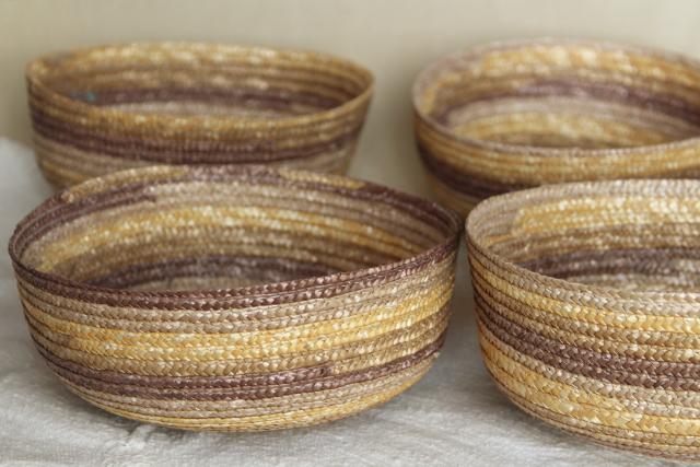 photo of vintage braided straw basket bowls, rustic natural textural neutral colors #3