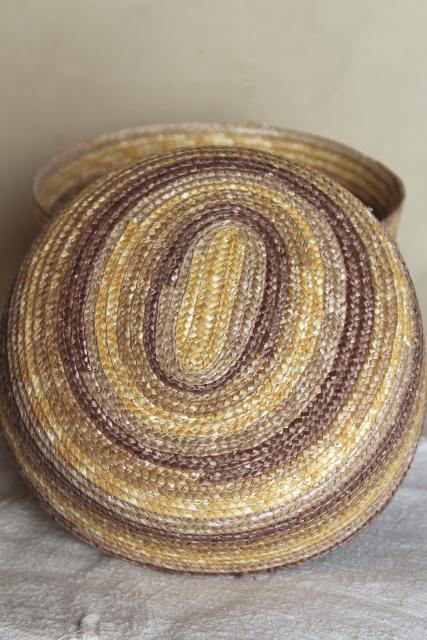 photo of vintage braided straw basket bowls, rustic natural textural neutral colors #7