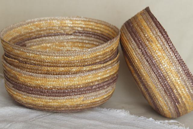photo of vintage braided straw basket bowls, rustic natural textural neutral colors #10