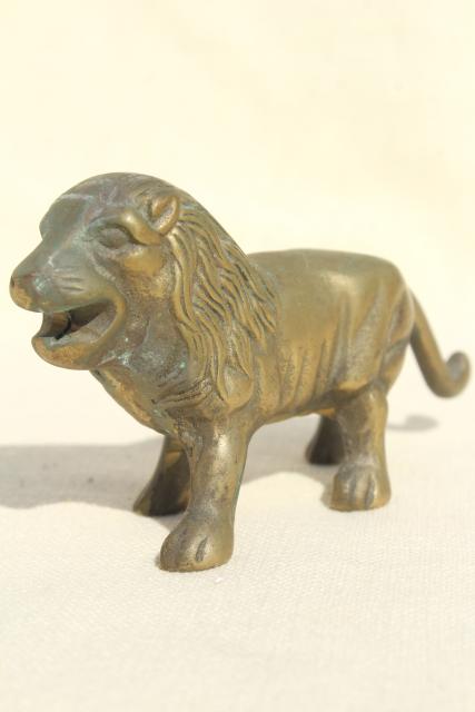 photo of vintage brass English lion paperweight, solid brass miniature animal figurine #1