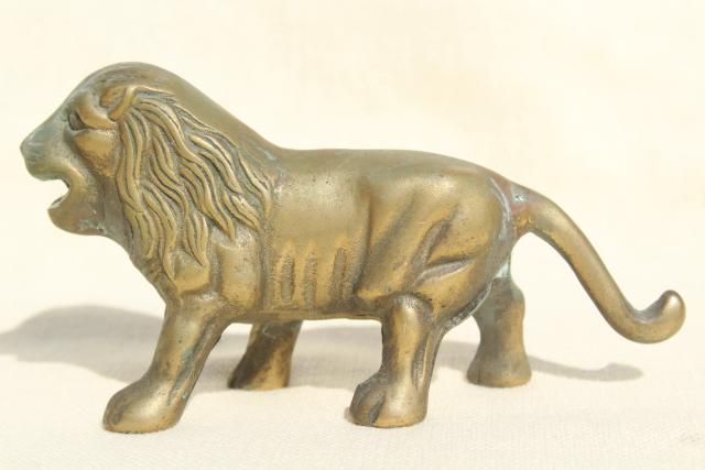 photo of vintage brass English lion paperweight, solid brass miniature animal figurine #2