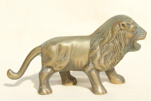 photo of vintage brass English lion paperweight, solid brass miniature animal figurine #4