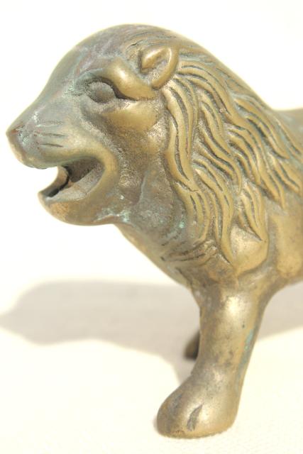 photo of vintage brass English lion paperweight, solid brass miniature animal figurine #6