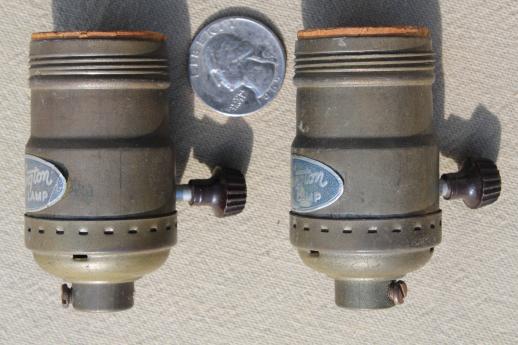 photo of vintage brass Leviton lamp sockets, tarnished brass w/ Remmington lamp labels #1