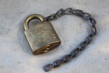 catalog photo of vintage brass XLCR padlock, old Corbin lock marked for Standard Oil, no key