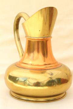 catalog photo of vintage brass and copper pitcher, rustic English brass water jug or vase