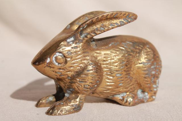 photo of vintage brass animal figurine, solid brass bunny rabbit w/ rustic tarnished patina #1