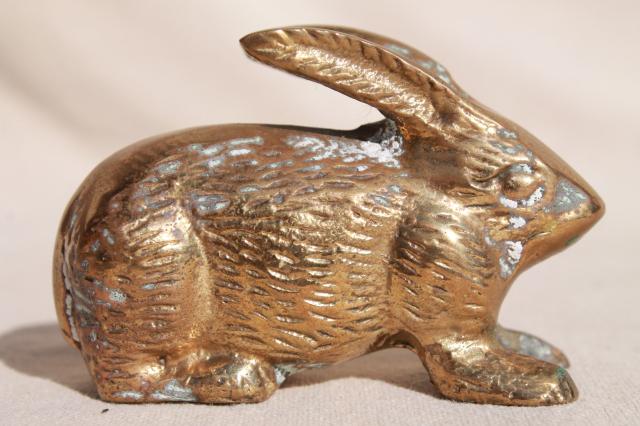 photo of vintage brass animal figurine, solid brass bunny rabbit w/ rustic tarnished patina #4