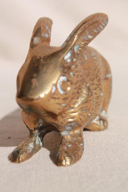 photo of vintage brass animal figurine, solid brass bunny rabbit w/ rustic tarnished patina #6