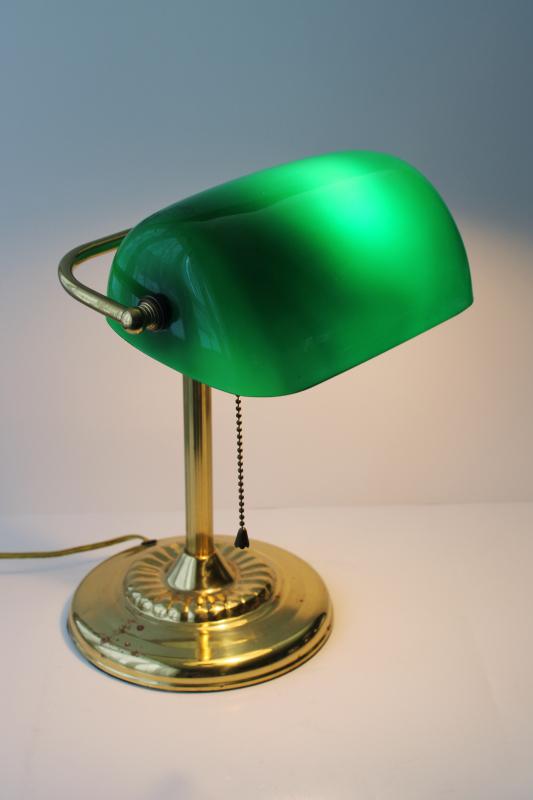 photo of vintage brass bankers lamp w/ emeralite green colored glass shade, antique reproduction #1