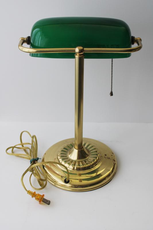 photo of vintage brass bankers lamp w/ emeralite green colored glass shade, antique reproduction #5