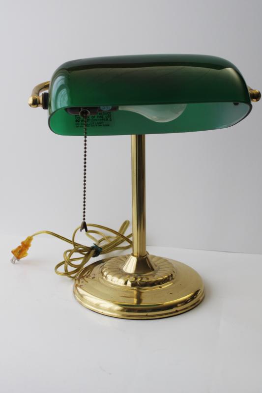 photo of vintage brass bankers lamp w/ emeralite green colored glass shade, antique reproduction #9