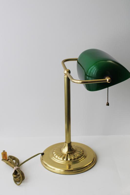 photo of vintage brass bankers lamp w/ emeralite green colored glass shade, antique reproduction #1