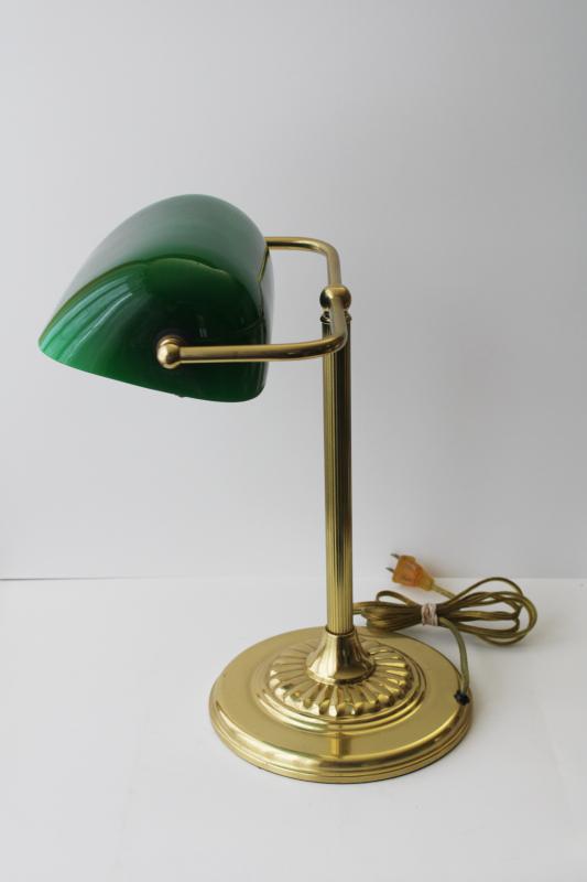 photo of vintage brass bankers lamp w/ emeralite green colored glass shade, antique reproduction #4